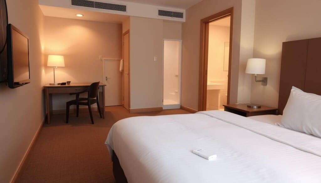 A cozy hotel room with a welcoming ambiance, showcasing budget-friendly furnishings and decor. The foreground features a simple yet comfortable bed with crisp white linens, complemented by a wooden nightstand and a small lamp. In the middle ground, a modest-sized desk and chair provide a functional workspace, while the background reveals a clean, minimalist bathroom with a shower and basic fixtures. Soft, warm lighting casts a soothing glow throughout the space, creating an inviting atmosphere for the weary traveler. The overall scene conveys a sense of practicality and affordability, without sacrificing comfort or style.