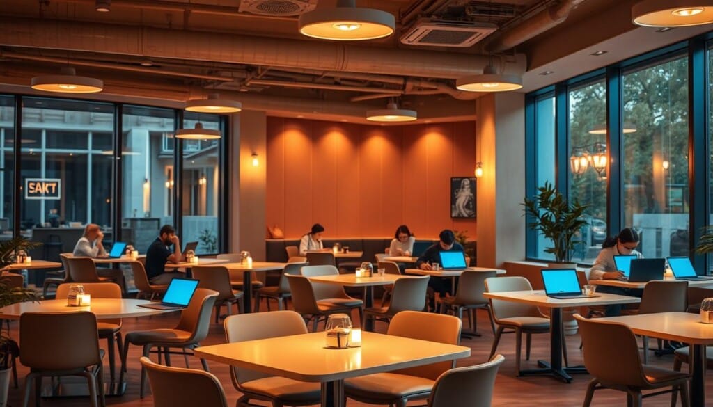A cozy internet cafe interior, bathed in warm, ambient lighting. Sleek, modern tables and chairs scattered throughout, each one equipped with a laptop and clean, uncluttered desk spaces. The room is dotted with several strategically placed access points, their glowing indicator lights subtly pulsing to signify uninterrupted connectivity. The atmosphere is relaxed, with patrons focused on their work or leisurely browsing, sipping on aromatic coffee drinks. Soft, instrumental music plays in the background, creating a productive yet inviting ambiance. Large windows allow natural light to filter in, creating a bright, airy feel. This is a welcoming space, offering the perfect blend of technology and comfort for those seeking a productive yet pleasant internet experience.