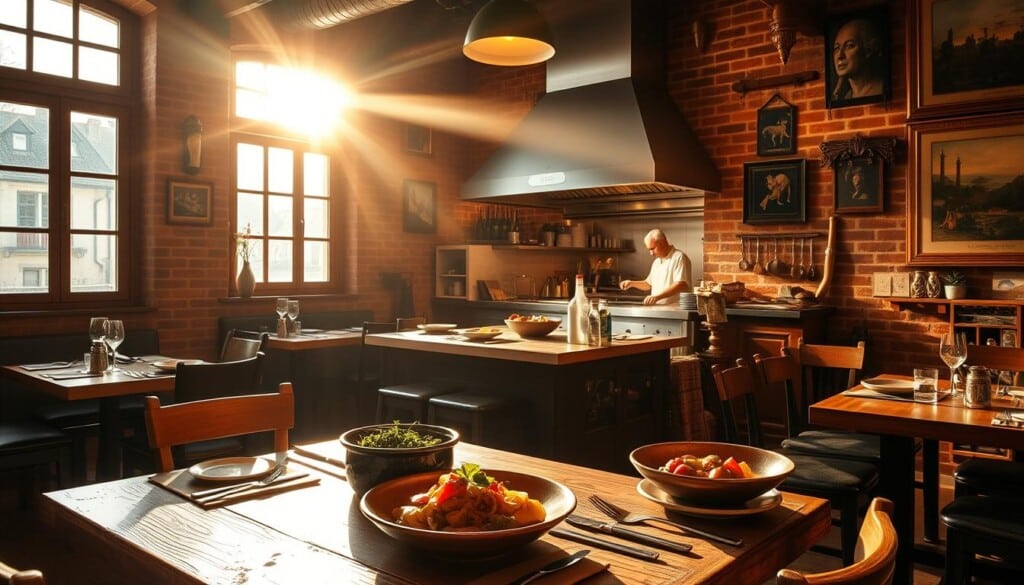 A cozy, intimate Basque restaurant nestled in a charming European town, bathed in warm, golden light filtering through large windows. In the foreground, a rustic wooden table is set with traditional Basque dishware, featuring locally-sourced ingredients. The middle ground showcases a open kitchen where skilled chefs artfully prepare regional specialties. In the background, brick walls adorned with Basque cultural artifacts and paintings create a welcoming, authentic atmosphere. The overall scene evokes a sense of regional pride, culinary excellence, and the unique character of Basque cuisine.