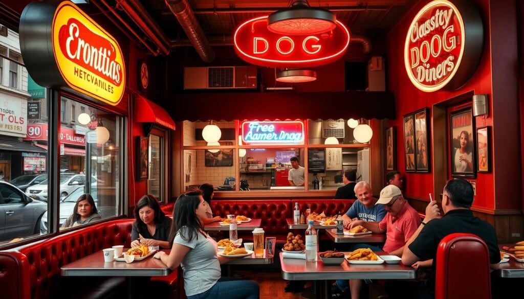 A cozy, intimate diner nestled in a bustling urban neighborhood, its storefront awnings casting warm light on the sidewalk. Inside, red vinyl booths line the walls, beneath vintage neon signs advertising classic hot dog varieties. The grill sizzles with the aroma of grilled onions and seared franks, while friendly servers hustle between tables, balancing plates piled high with steaming buns and crisp fries. Patrons of all ages and backgrounds savor their favorite local specialties, swapping stories and laughter over hearty, satisfying meals. The scene captures the vibrant, unpretentious spirit of a beloved community gathering spot.