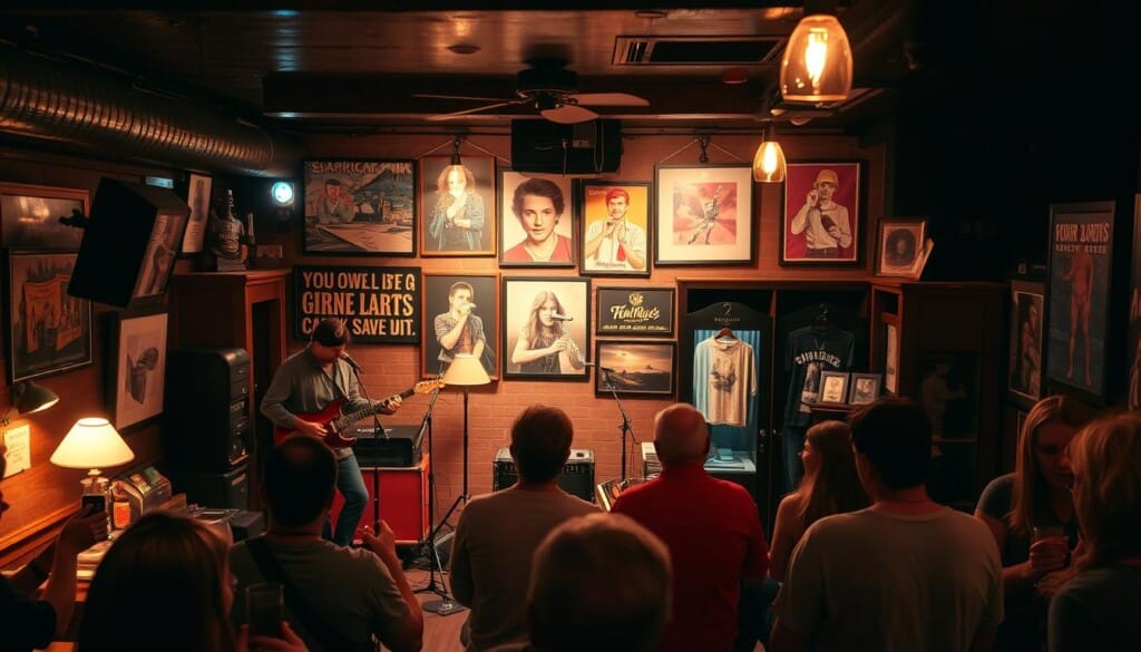 A cozy, intimate music venue with warm, ambient lighting. In the foreground, a local band performs on a small stage, their instruments and musicians visible in detail. The middle ground features patrons enjoying the music, sipping drinks and chatting with friends. The background showcases local art and merchandise displays, highlighting the vibrant local arts scene. The overall atmosphere is one of community, support, and appreciation for the unique local musical talent.