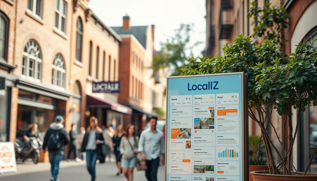 A cozy, inviting directory hub nestled in a bustling urban setting, with a warm, welcoming atmosphere. The LocalZ directory stands prominently in the foreground, its clean, modern design and intuitive layout showcased under soft, diffused lighting. In the middle ground, pedestrians casually stroll past, capturing the vibrant energy of the surrounding neighborhood. The background features a harmonious blend of architectural elements - brick facades, arched windows, and verdant foliage, creating a charming, small-town ambiance. This image conveys the sense of a trustworthy, community-driven resource, where locals and visitors can easily discover the best bagel shops and other hidden gems in the area.