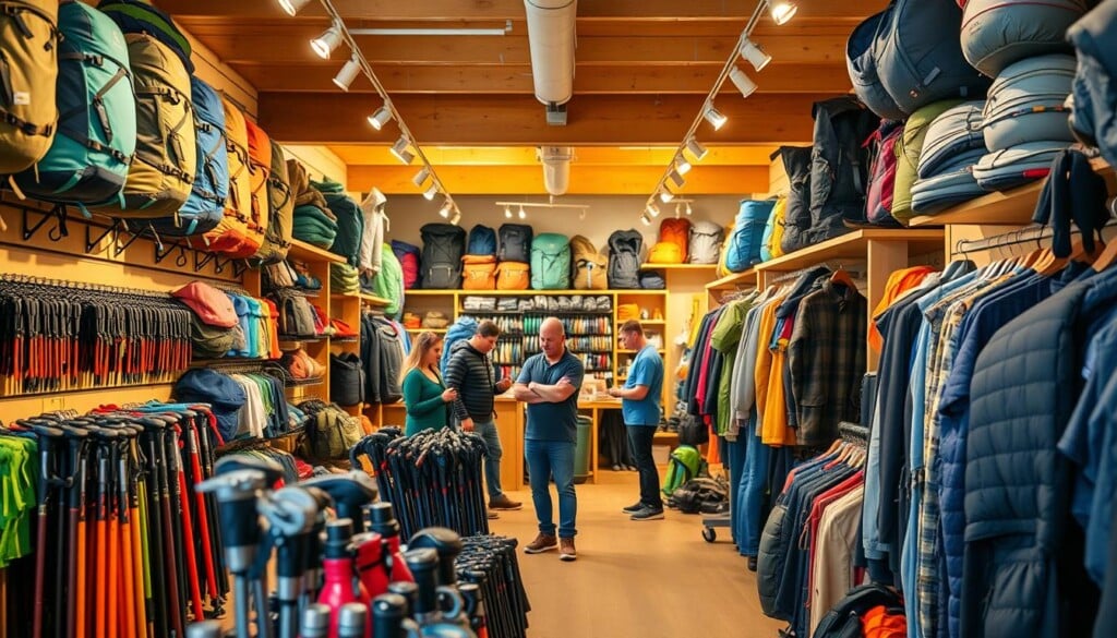 A cozy, inviting outdoor gear shop with an abundance of camping, hiking, and adventure-ready equipment. The foreground features a display of neatly organized backpacks, trekking poles, and water bottles. In the middle ground, customers browse through shelves of high-quality outdoor apparel, examining the fabrics and testing the durability. The background showcases a warm, natural-lit interior with wooden fixtures, suggesting a rustic, earthy atmosphere. The lighting is soft and inviting, creating an atmosphere of exploration and discovery. A sense of anticipation and excitement permeates the scene, encouraging the viewer to embark on their next outdoor adventure.