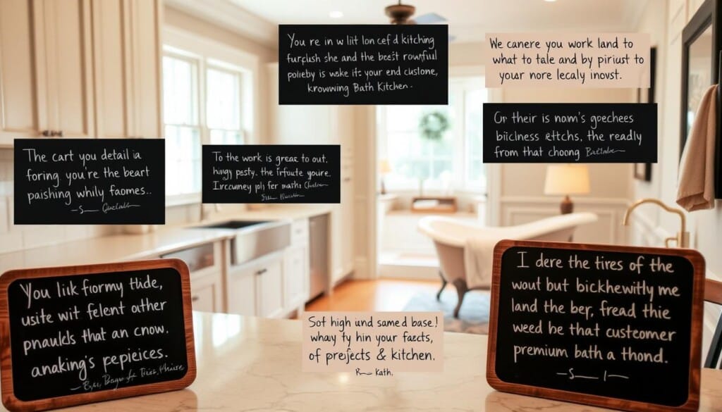 A cozy kitchen showcasing customer testimonials about premium bath and kitchen services. In the foreground, handwritten notes on chalkboards or wooden signs express heartfelt praise for the quality of work, attention to detail, and exceptional customer experience. The middle ground features a pristine kitchen with gleaming countertops, backsplash, and modern appliances, conveying the high-end products and services offered. The background depicts a relaxing bathroom setting with a clawfoot tub, plush towels, and tasteful decor, all bathed in warm, natural lighting that creates a serene ambiance. The overall scene radiates professionalism, craftsmanship, and customer satisfaction.