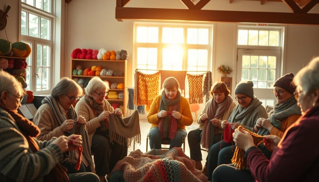 A cozy knitting circle gathered in a well-lit community center, the warm glow of natural light filtering through large windows. In the foreground, a group of knitters, their hands skillfully weaving colorful yarn, expressions focused yet relaxed. In the middle ground, a display of handmade goods - scarves, hats, and intricate patterns - showcasing the talents of the local artisans. The background features shelves of vibrant yarn skeins, inspiring the group's creativity. The atmosphere is one of community, collaboration, and a shared passion for the craft of knitting.