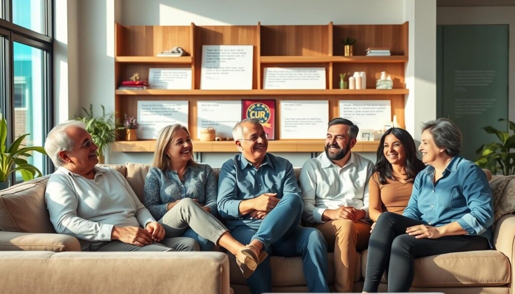 A cozy living room setting with natural lighting pouring in through large windows. In the foreground, a group of satisfied customers seated on plush sofas, engaged in lively conversation, their expressions radiating contentment and trust. Behind them, shelves displaying positive testimonials and reviews, highlighting the value of the home cleaning services. In the background, a warm, inviting atmosphere with subtle hints of the company's branding, conveying a sense of professionalism and reliability. The overall composition exudes a welcoming and relatable ambiance, inviting the viewer to imagine themselves as part of this satisfied customer community.