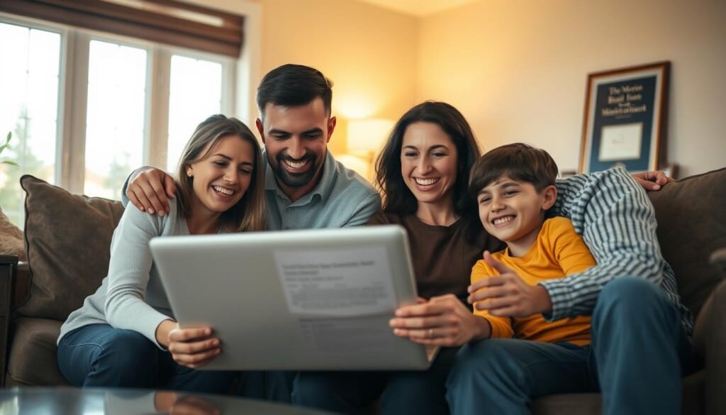 A cozy living room with a family gathered around a laptop, expressions of relief and joy as they review their successful loan modification paperwork. Warm lighting filters through large windows, illuminating their faces. In the background, a framed diploma or award symbolizes their perseverance. The scene conveys a sense of accomplishment, financial stability, and the profound impact of a loan modification on a family's life.