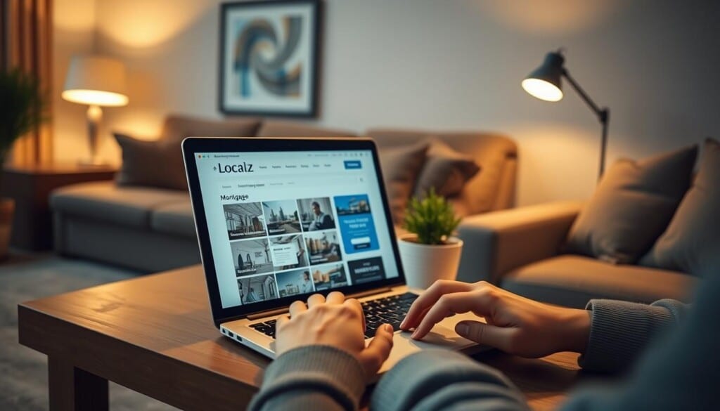 A cozy living room with a laptop on a wooden table, displaying the LocalZ website. Warm, ambient lighting from a table lamp casts a soft glow, creating a comfortable, inviting atmosphere. In the foreground, a pair of hands interacting with the laptop, navigating through mortgage broker listings. The middle ground features a potted plant and a framed wall art piece, adding a touch of nature and decor. The background blurs into a neutral, minimalist setting, allowing the focus to remain on the task at hand - finding the perfect mortgage broker through the LocalZ platform.