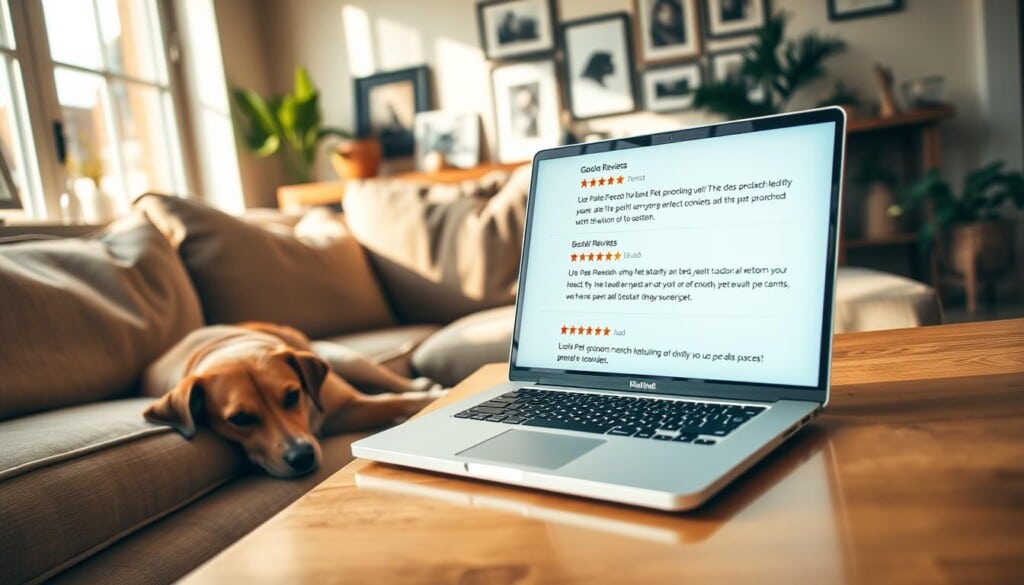 A cozy living room with a large, comfortable sofa and a pet dog resting contentedly. On the coffee table, a laptop displays a series of positive reviews for a local pet grooming service, reflecting the importance of customer feedback in the pet care industry. The room is bathed in warm, natural lighting, creating a welcoming atmosphere. In the background, framed photographs and plants add a touch of homeliness, emphasizing the importance of trust and personal connections in the world of premium pet services.