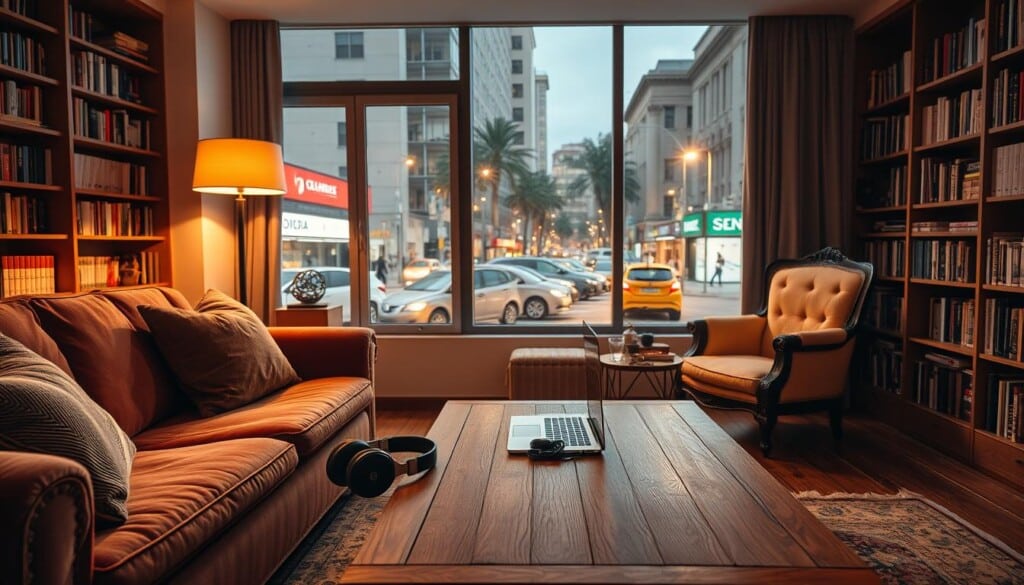 A cozy living room with a plush loveseat and a vintage armchair, bathed in warm, soft lighting from a floor lamp and a large window overlooking a vibrant city street. On the wooden coffee table, a laptop and a pair of high-quality headphones, suggesting an immersive classical music listening experience. Bookshelves line the walls, hinting at a vast collection of music scores and recordings. The overall atmosphere is one of comfort, discovery, and a deep appreciation for the timeless art of classical music.