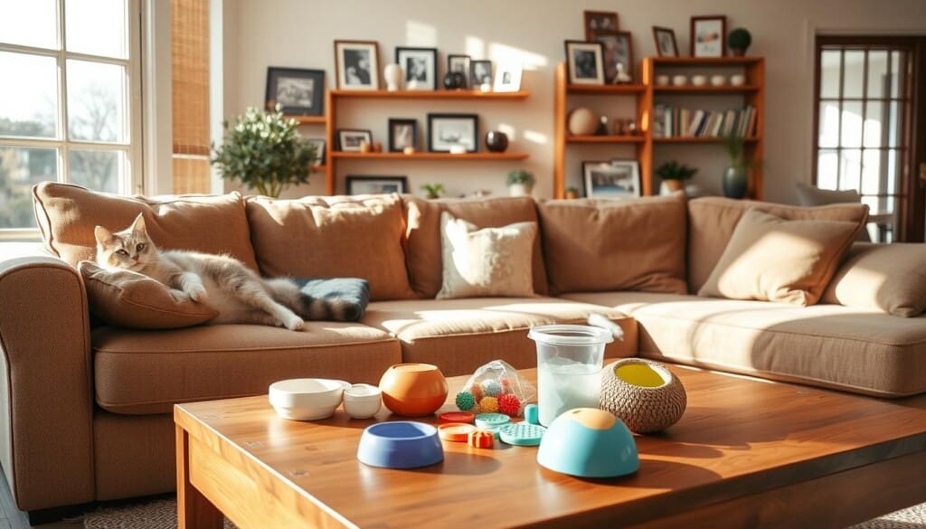 A cozy living room with a plush sofa, where a playful cat lounges contentedly. In the foreground, a wooden coffee table holds pet toys and supplies, carefully arranged to suggest a safe, pet-friendly environment. The room is bathed in warm, natural lighting filtering through large windows, creating a serene and inviting atmosphere. In the background, shelves display framed photos and decorative items, hinting at a loving, family-oriented home. The overall scene conveys a sense of harmony and care, where the well-being of the beloved pet is a top priority.