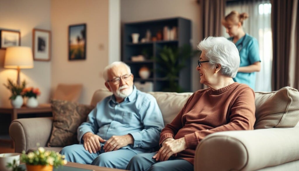 A cozy living room with an elderly couple sitting on a comfortable couch, engaged in a warm conversation. The room is bathed in soft, diffused lighting, creating a serene and inviting atmosphere. In the background, a nurse or caregiver is tending to a patient's needs, showcasing the personalized, attentive care provided by home health services. The scene conveys a sense of security, well-being, and the importance of maintaining independence and dignity in the golden years.
