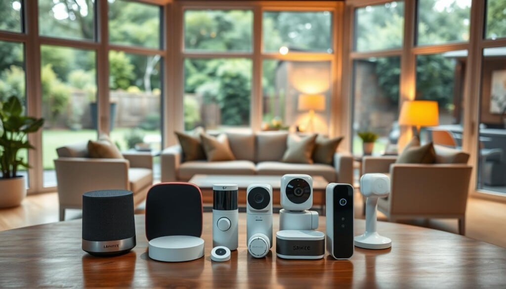 A cozy living room with large windows overlooking a lush garden. In the foreground, an elegant wooden table displays various smart home security devices - voice-activated hubs, motion sensors, security cameras, and smart locks. The middle ground features a comfortable sofa and armchairs, creating a welcoming atmosphere. The background showcases a warm, well-lit interior with subtle, ambient lighting. The overall scene conveys a sense of security, technology, and the comforts of a modern, connected home.
