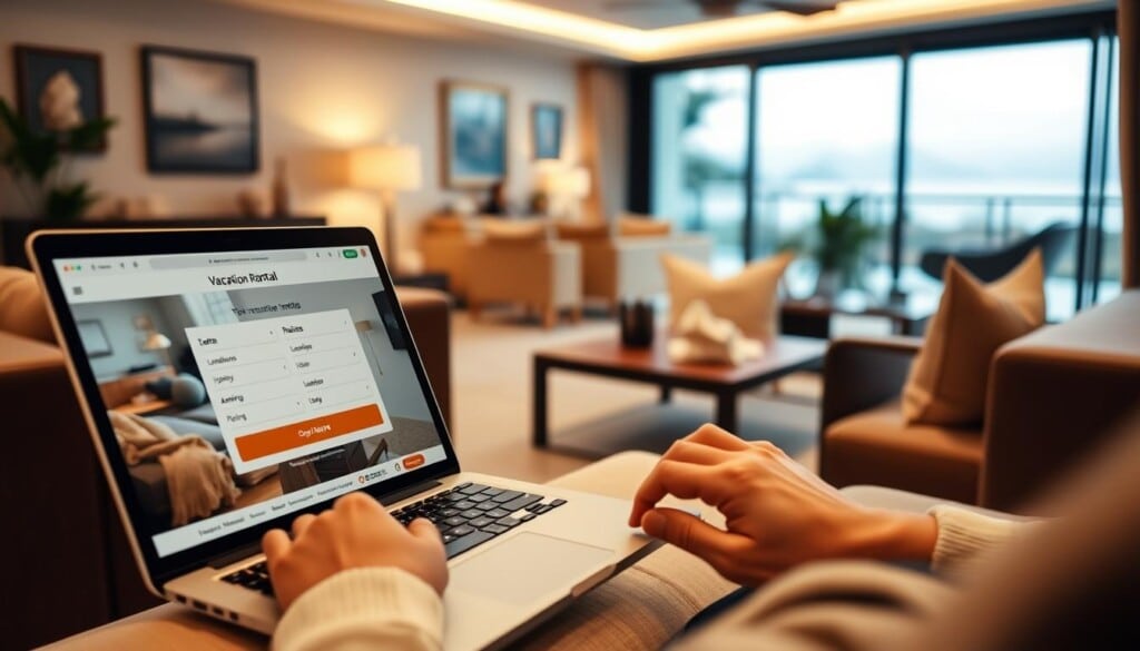 A cozy living room with plush furniture and warm lighting, showcasing a laptop displaying a vacation rental booking process. In the foreground, a person's hands navigating through an intuitive website interface, with options for dates, location, amenities, and pricing. The middle ground features tasteful home decor elements, hinting at the luxurious accommodations. The background depicts a serene outdoor scene, perhaps a scenic landscape or a tranquil beach, setting the mood for a relaxing getaway. The overall composition conveys the ease and comfort of planning a luxury vacation rental experience.