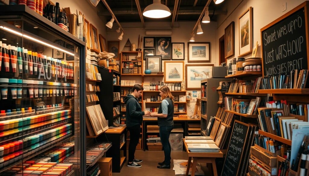 A cozy local art supply shop, with warm lighting and a welcoming atmosphere. The storefront features a large display window showcasing an array of vibrant paints, brushes, canvases, and other artistic tools. Inside, neatly organized shelves line the walls, filled with a diverse selection of high-quality materials. In the middle of the shop, a knowledgeable staff member assists a customer, providing personalized recommendations. The shop's decor evokes a sense of creativity and inspiration, with framed artwork hanging on the walls and a chalkboard showcasing the latest workshops and events. The overall scene conveys a sense of community, where local artists can find the specialized supplies they need to bring their visions to life.