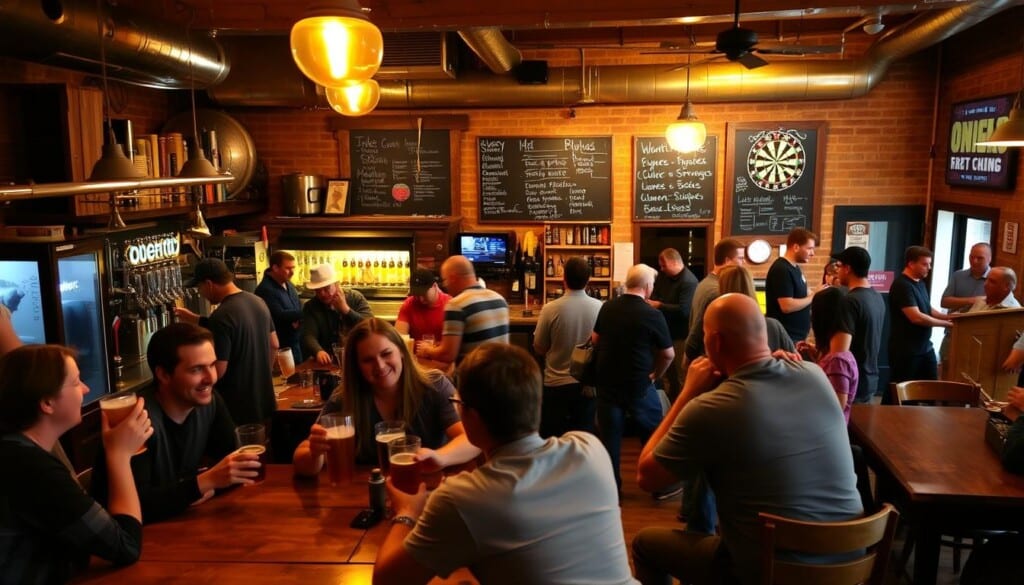 A cozy local brewery, its warm amber lighting illuminating a lively scene of community engagement. In the foreground, friends gathered around a wooden table, beer glasses in hand, engaged in lively conversation. The middle ground features a bustling bar, where patrons mingle and bartenders pour craft brews with practiced precision. In the background, a wall-mounted chalkboard displays the ever-changing beer menu, while a group of locals plays a friendly game of darts. The atmosphere is relaxed yet energetic, capturing the vibrant culture of this neighborhood gathering spot.