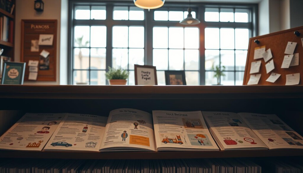 A cozy local business directory shelved in a warm, inviting office space. Soft natural light filters through large windows, casting a gentle glow over the neatly organized pages. Vibrant icons and illustrations line the directory, highlighting diverse local enterprises - from quaint cafes and artisan shops to community organizations. A cork pinboard in the corner displays handwritten notes and business cards, creating a sense of connection and collaboration between the featured establishments. The overall atmosphere exudes a community-driven spirit, encouraging visitors to explore and support the unique local businesses that define the character of the neighborhood.