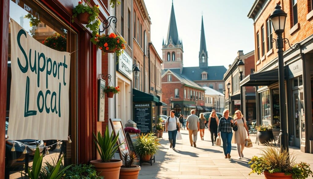 A cozy local business district, bathed in warm afternoon light. In the foreground, a vibrant storefront with a hand-painted "Support Local" sign in the window. Potted plants and string lights add a welcoming ambiance. In the middle ground, people stroll past independent shops and cafes, carrying reusable bags and chatting with shopkeepers. The background features a quaint main street, with historic brick buildings, antique lampposts, and a towering church steeple. The overall scene conveys a sense of community, tradition, and the importance of supporting small, local enterprises.