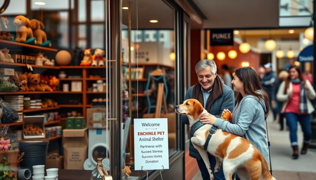 A cozy local business storefront with a large display window showcasing various pet supplies, toys, and accessories. In the foreground, a welcoming store owner greets a family with their adopted dog, all smiling and interacting warmly. The middle ground features a display highlighting a partnership with the nearby animal shelter, showcasing adoption success stories and donation information. The background softly blurs, suggesting a vibrant neighborhood with foot traffic passing by. The lighting is soft and inviting, creating a sense of community and small-town charm. The overall mood is one of positivity, collaboration, and the mutual benefits of local businesses supporting animal welfare.