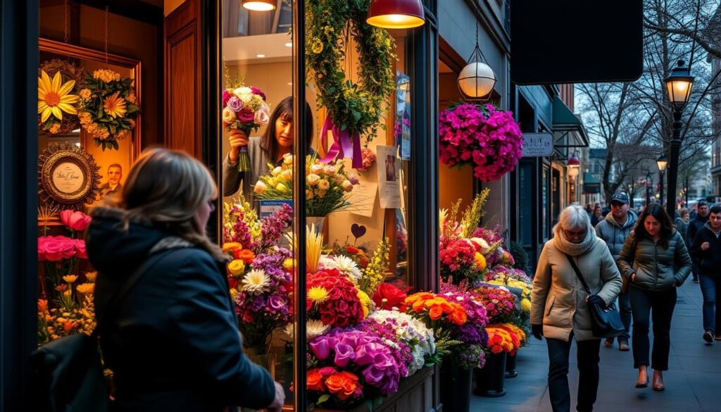 A cozy local flower shop, its vibrant display windows showcasing an array of lush, fragrant blooms. A passerby stops to admire the colorful bouquets, their face lit by the warm glow of the shop's interior lighting. Behind the glass, the shop owner tenderly arranges a new display, their dedication and pride evident in every careful movement. The sidewalk outside is bustling with pedestrians, each one a potential customer eager to support this cherished neighborhood business. The scene radiates a sense of community, a celebration of the unique character that locally-owned shops bring to a vibrant urban landscape.