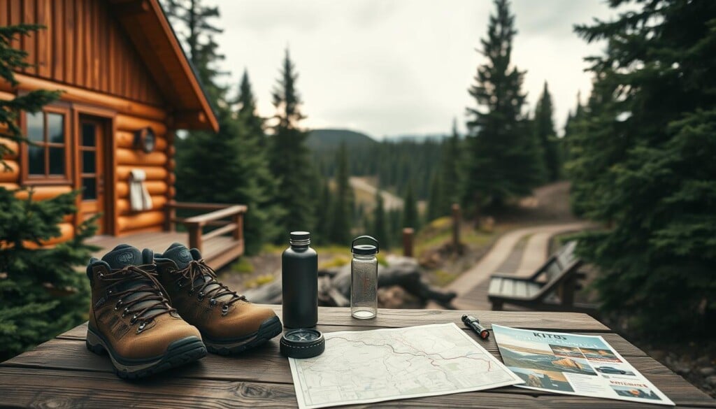A cozy mountain cabin nestled in lush evergreens, the warm glow of its wooden exterior contrasting with the crisp, overcast sky. In the foreground, an array of hiking gear - sturdy boots, a backpack, a compass, and a water bottle - arranged neatly on a rustic wooden table. On the table, a map of the local hiking trails and a stack of brochures showcasing nearby attractions and local businesses. Beyond the cabin, a winding trail leads into the dense forest, inviting the viewer to explore the great outdoors. The scene is bathed in a soft, natural light, creating a sense of tranquility and connection with the natural world.