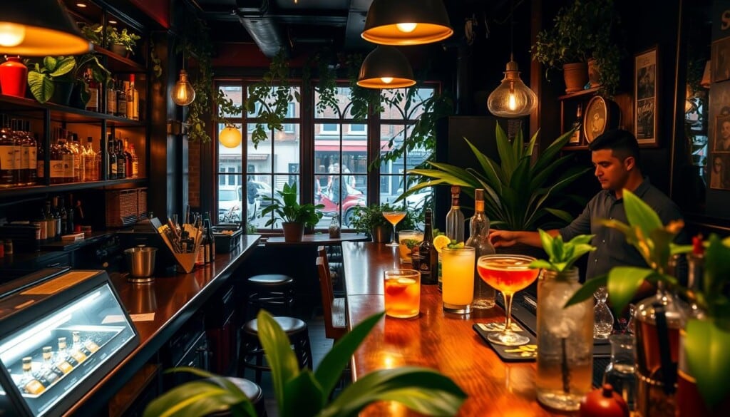 A cozy neighborhood bar, its warm lighting casting a inviting glow. On the mahogany bar top, an array of artisanal cocktails await discovery - from classic Old Fashioneds to innovative local specialties, each crafted with care. The bartender, a seasoned mixologist, stands ready to guide patrons through the menu, offering expert recommendations tailored to individual tastes. Vibrant greenery and vintage decor create an intimate, relaxed atmosphere, encouraging lively conversation and a sense of community. Through the windows, glimpses of the bustling city streets outside, reminding us of the rich local culture and flavors waiting to be explored.