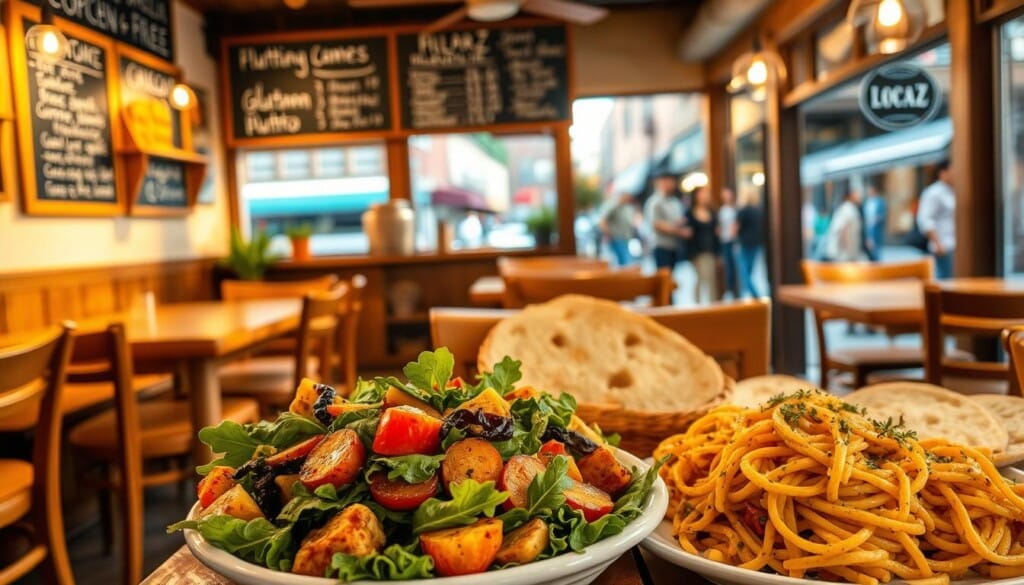 A cozy neighborhood bistro with a chalkboard menu featuring an array of tempting gluten-free dishes. The warm, inviting interior is bathed in soft, golden lighting, with wooden tables and chairs arranged around a central open kitchen. In the foreground, a vibrant salad bursting with fresh greens, roasted vegetables, and a tantalizing dressing catches the eye. In the middle ground, a fluffy gluten-free bread basket sits alongside a hearty gluten-free pasta dish, garnished with fragrant herbs. Beyond, the bustling street scene of a thriving local community sets the stage, conveying a sense of connection and community that embodies the spirit of "LocalZ."