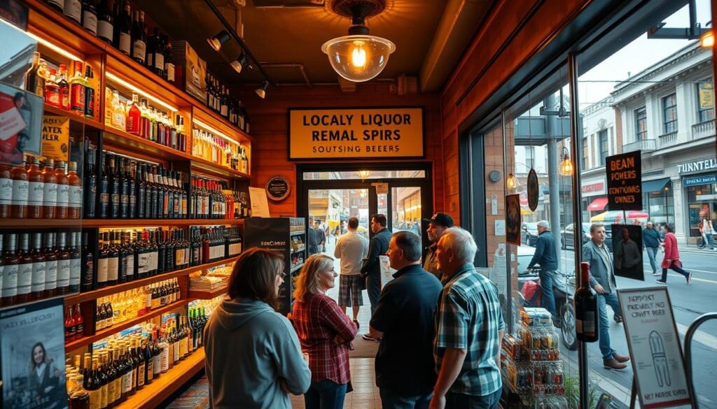 A cozy neighborhood liquor store, its shelves stocked with a diverse selection of premium spirits, wines, and craft beers. The warm lighting casts a welcoming glow, inviting customers to explore the locally sourced offerings. In the foreground, a small group of patrons converse animatedly, supporting their community by shopping at this family-owned establishment. Through the store's large windows, a vibrant street scene unfolds, with pedestrians and local businesses thriving in the bustling urban setting. The image conveys a sense of community, tradition, and the benefits of investing in local enterprises.