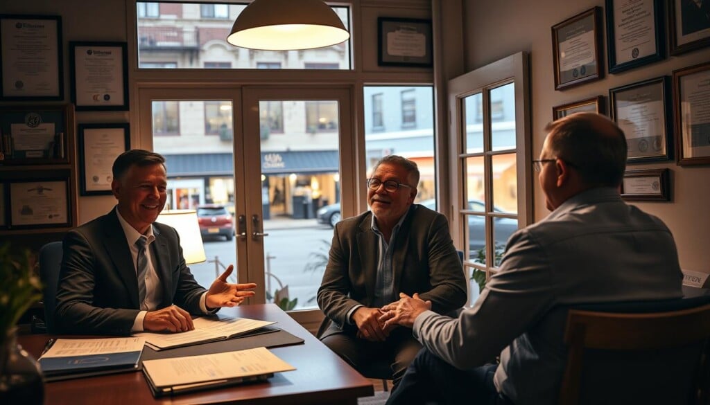 A cozy neighborhood office, the warm glow of a lamp illuminating a desk with financial documents and a laptop. In the foreground, a smiling local advisor in a crisp suit, gesturing warmly while consulting with a couple seated across from them. Behind them, the walls are adorned with framed certificates and awards, conveying expertise and experience. Through the window, a picturesque downtown scene with local shops and cafes, reflecting the close-knit community. The lighting is soft and inviting, creating an atmosphere of trust and personal attention. An image that captures the benefits of having a knowledgeable, accessible financial advisor within your local community.