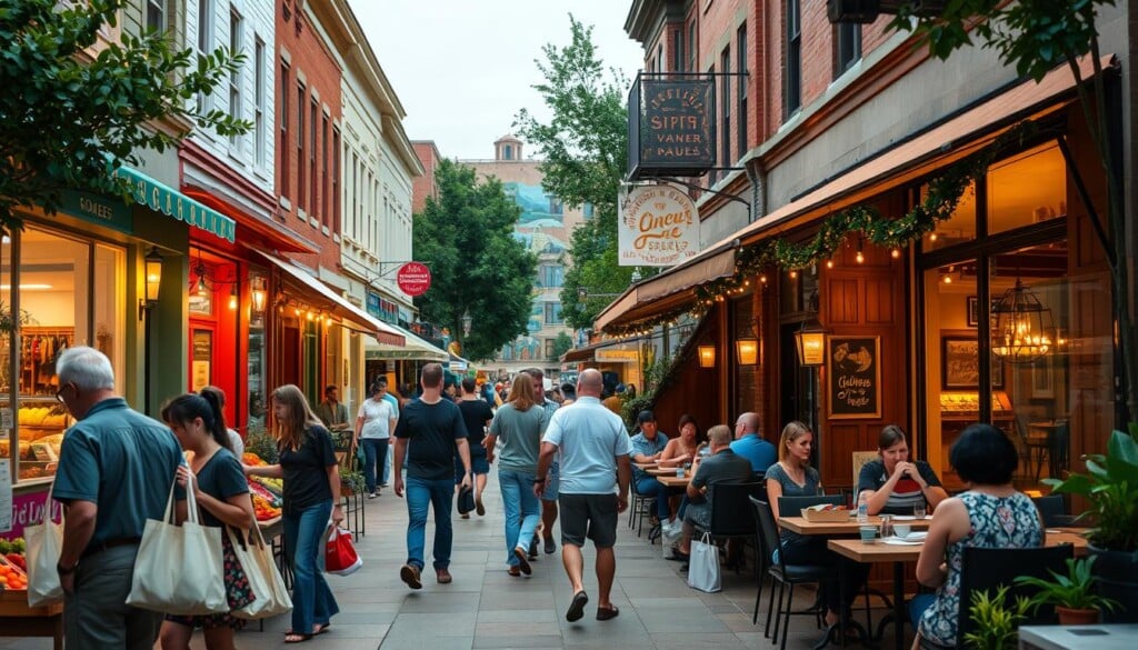A cozy neighborhood street lined with charming local shops and cafes, their facades adorned with colorful awnings and warm lighting. In the foreground, patrons browse the wares of a bustling farmer's market, their reusable bags filled with fresh produce and artisanal goods. The middle ground features a lively outdoor dining scene, with tables spilling out onto the sidewalk as people savor local cuisine and engage in lively conversation. In the background, a mural depicting the community's spirit and values adds a vibrant touch. The overall atmosphere conveys a sense of supporting and celebrating the unique character of this thriving local business district.