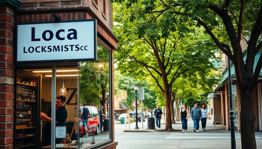 A cozy neighborhood street with a small brick and glass storefront, its sign reading "LocalZ Locksmith Services". Through the window, we see a skilled technician at work, repairing a lock mechanism. The store's interior is well-lit, with various tools and key blanks neatly organized on the shelves. Outside, lush green trees line the sidewalk, and a few passersby stroll by, creating a sense of community and accessibility. The scene is captured with a warm, inviting tone, reflecting the reliable and trustworthy nature of the local locksmith services.
