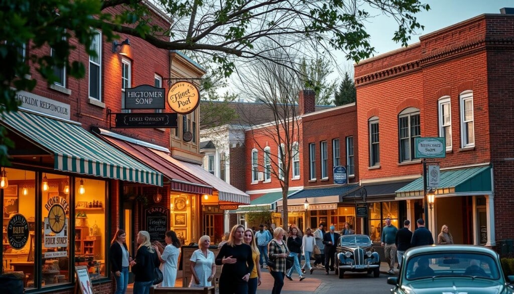 A cozy neighborhood street with vibrant storefronts, each showcasing the unique character of a local business. Awnings, window displays, and hand-painted signs invite passersby to explore the diversity of independent shops and eateries. Warm lighting casts a golden glow, highlighting the welcoming atmosphere. In the foreground, a group of people gather, chatting and browsing the wares on offer. The middle ground features a mix of pedestrians and a vintage car parked at the curb. The background depicts a row of charming, two-story buildings with brick facades, blending seamlessly into the local landscape. An overall sense of community and support for small, homegrown enterprises permeates the scene.