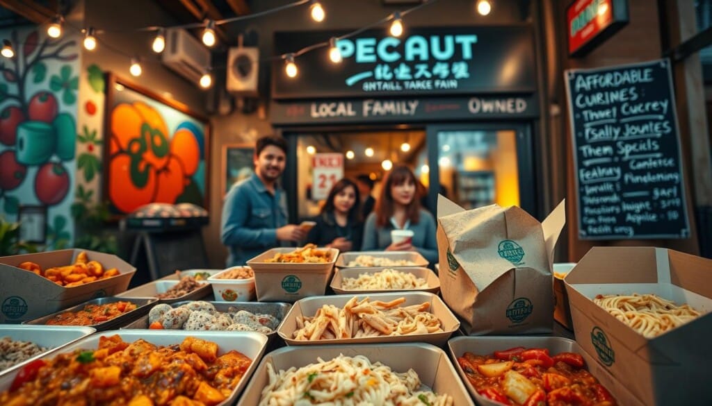 A cozy neighborhood takeout scene, showcasing an array of affordable and delectable options. In the foreground, a vibrant display of diverse cuisine - from fragrant Indian curries to savory Asian noodle dishes, all packaged in eco-friendly containers. The middle ground features a group of people eagerly waiting to pick up their orders, their faces lit by the warm glow of string lights strung above. In the background, the storefront of a local family-owned restaurant stands proudly, its facade adorned with colorful murals and handwritten chalk specials. The mood is one of community, comfort, and support for small businesses, captured through a cinematic wide-angle lens and soft, diffused lighting.