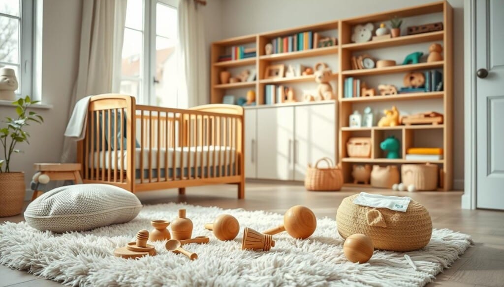 A cozy nursery setting with a sustainable wooden crib, organic cotton bedding, and a fluffy eco-friendly rug. In the foreground, an assortment of bamboo feeding utensils, reusable cloth diapers, and a wooden baby rattle. In the background, a floor-to-ceiling bookshelf filled with educational toys made from natural materials. Soft, natural lighting filters through large windows, creating a warm, inviting atmosphere. The scene conveys a sense of environmental consciousness and a commitment to ethical, sustainable parenting.