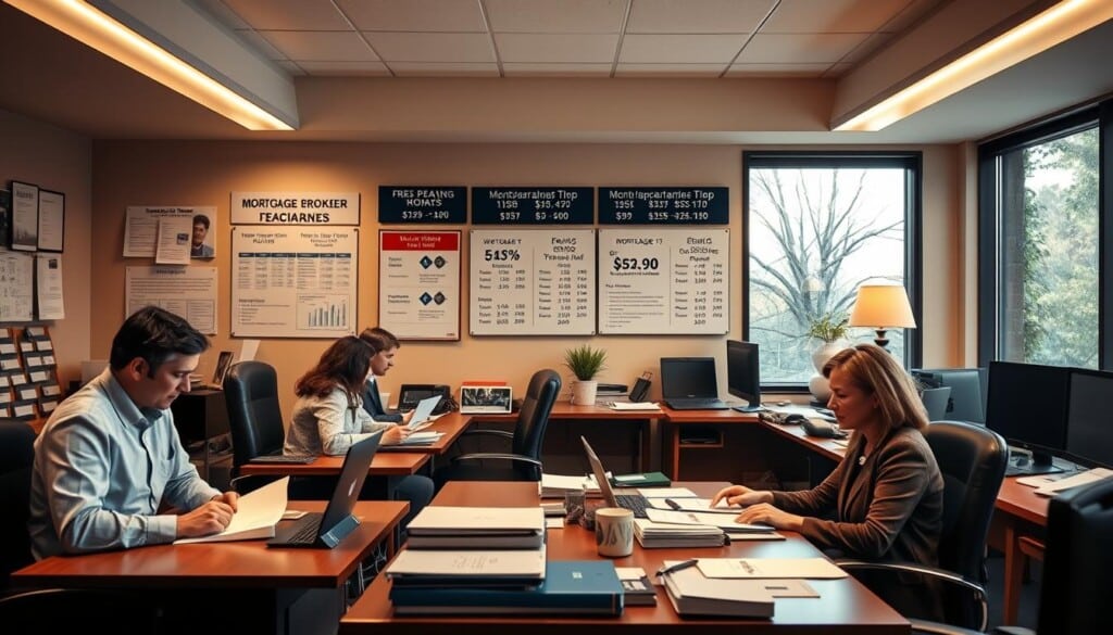 A cozy office filled with hardworking mortgage brokers, their desks neatly arranged under warm, soft lighting. The foreground features a team of professionals in business attire, earnestly reviewing documents and discussing options with a prospective homebuyer. In the background, a wall-mounted display showcases various mortgage programs and interest rates, while a large window provides a serene, natural backdrop, hinting at the neighborhoods and communities these brokers serve. The atmosphere is one of expertise, dedication, and a commitment to helping local families achieve their homeownership dreams.