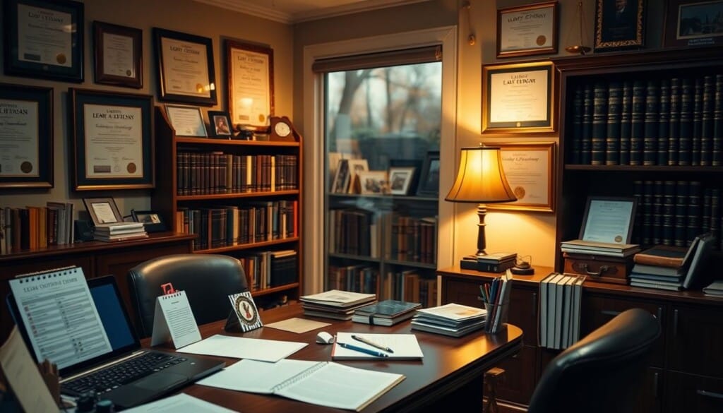A cozy office space with a neatly organized desk, featuring a laptop, calendar, and various stationery items. The walls are adorned with framed certificates and awards, conveying a sense of professionalism and expertise. Warm, focused lighting illuminates the scene, creating a welcoming atmosphere. In the background, bookshelves filled with legal tomes and resources suggest the location is a local directory for wedding officiants, ready to assist couples in finding the perfect officiant for their special day.