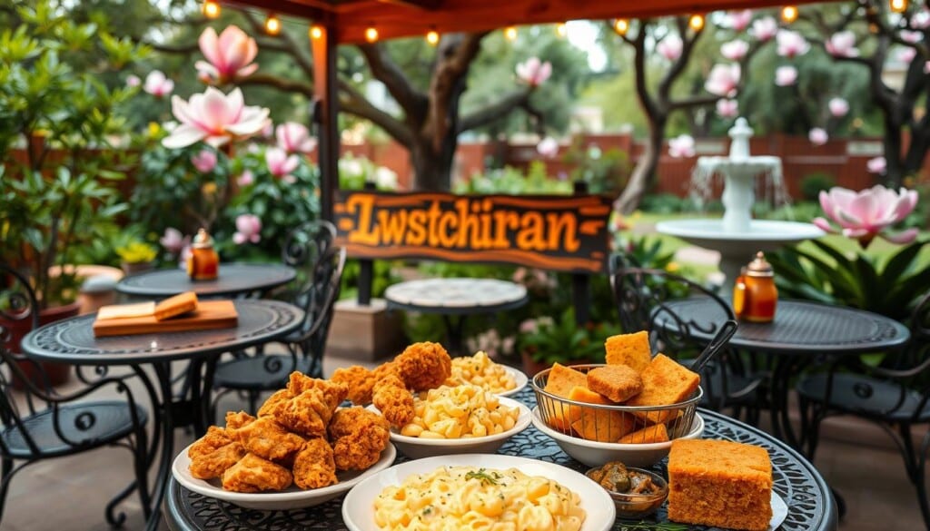 A cozy outdoor patio with wrought-iron tables and chairs, adorned with Southern-style decor. In the foreground, a table laden with mouthwatering dishes like crispy fried chicken, creamy mac and cheese, fresh collard greens, and buttery cornbread. In the middle ground, a rustic wooden sign with the name of the restaurant in bold, hand-painted letters. The background features a vibrant, lush garden with swaying magnolia trees and a gently flowing fountain. Warm, soft lighting casts a welcoming glow, creating an inviting and authentic Southern atmosphere.