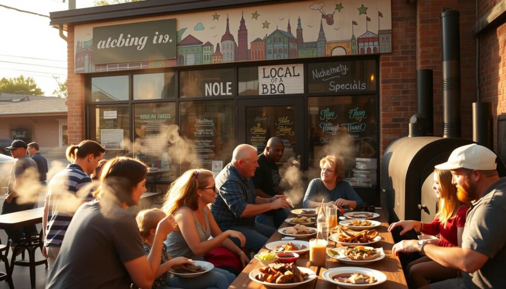 A cozy outdoor scene of a bustling local BBQ spot, bathed in warm, golden afternoon light. In the foreground, a group of friends and families gather around a long, communal table, plates piled high with juicy brisket, ribs, and sides. Wisps of fragrant smoke curl up from a sturdy brick smoker off to the side. The mid-ground features an inviting storefront, its windows adorned with chalkboard menus and hand-painted signs advertising daily specials. In the background, a vibrant mural depicting local landmarks and icons creates a sense of community. The overall atmosphere exudes a laidback, celebratory vibe, drawing in passersby with the irresistible aroma of slow-smoked perfection.