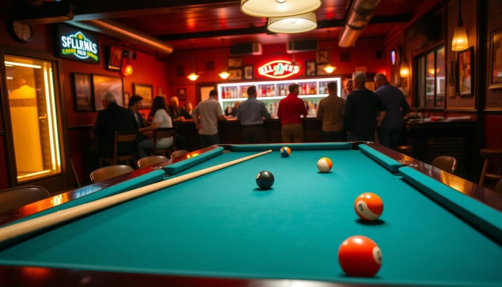 A cozy pool hall with warm, inviting lighting and a classic, vintage atmosphere. In the foreground, a felt-covered table with high-quality cues and balls, ready for a game. Behind it, patrons gathered around, engaged in lively conversation and friendly competition. In the background, a neon-lit bar with a well-stocked selection, adding to the lively ambiance. The scene captures the essence of a local pool hall, where experienced players and newcomers alike can immerse themselves in the community and traditions of the game.