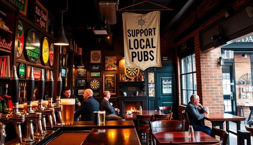 A cozy pub interior with warm lighting and inviting atmosphere. In the foreground, a row of beer taps and bartender pouring a pint. Patrons sitting at wooden tables, chatting and enjoying their drinks. The middle ground features colorful pub decor - vintage signs, dartboard, and a fireplace crackling in the corner. The background showcases the pub's exterior, with a classic brick facade and a hanging sign that reads "Support Local Pubs". The overall scene conveys a sense of community, local pride, and the importance of preserving cherished neighborhood institutions.