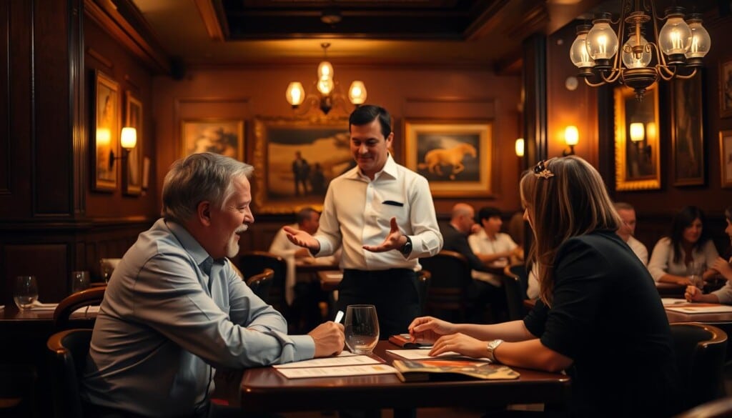A cozy restaurant interior, dimly lit with warm, golden lighting. In the foreground, a couple sits at a table, reviewing a menu and chatting animatedly. The middle ground showcases a professional waiter in a crisp white shirt, gesturing as he takes their order. In the background, other diners enjoy their meals, creating a lively, authentic atmosphere. The scene evokes the casual elegance and rich cultural heritage of Argentine dining, inviting the viewer to imagine themselves immersed in the experience.