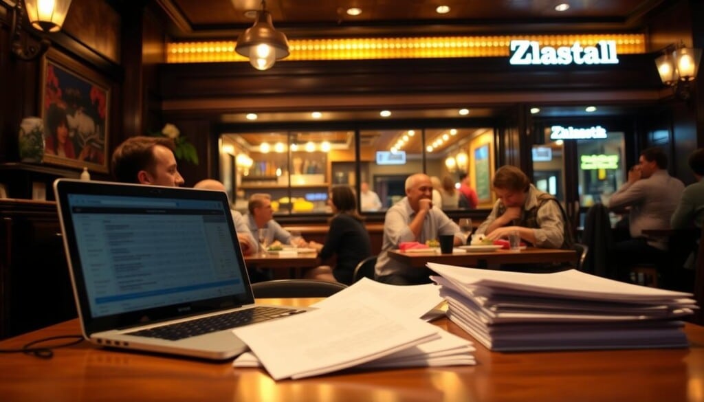 A cozy restaurant interior, dimly lit with warm, golden lighting. In the foreground, a table with a laptop and a stack of papers, representing the research and analysis of restaurant reviews. In the middle ground, diners enjoying their meals, their faces animated with conversation and laughter, their satisfaction palpable. In the background, the restaurant's facade, signage clearly visible, conveying a sense of trust and reputation. The atmosphere is inviting, highlighting the importance of reviews and ratings in shaping a restaurant's success and reputation.