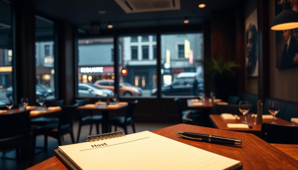 A cozy restaurant interior with a warm, inviting ambiance. A well-designed host stand in the foreground, with a simple yet elegant reservation book and a stylish pen. In the middle ground, a modern and minimalist dining area with neatly arranged tables and chairs, bathed in soft, diffused lighting. The background features large windows overlooking a lively urban street, creating a sense of connection between the intimate dining space and the vibrant city outside. The overall mood is one of effortless sophistication, reflecting the refined culinary experience that awaits diners.
