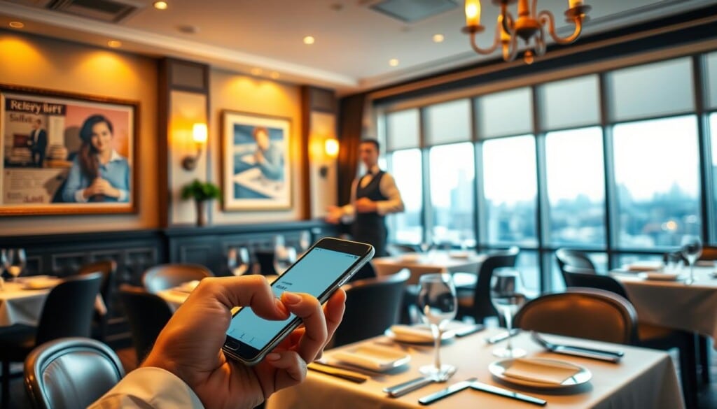 A cozy restaurant interior with warm, inviting lighting and a table set for a fine dining experience. In the foreground, a hand carefully holding a smartphone, scrolling through a reservation app. In the middle ground, a professional-looking server standing by, ready to greet and assist. The background features elegant decor, with tasteful artwork on the walls and a glimpse of the city skyline through large windows, suggesting an upscale urban setting. The overall atmosphere conveys a sense of anticipation and attention to detail, setting the stage for an memorable dining experience.
