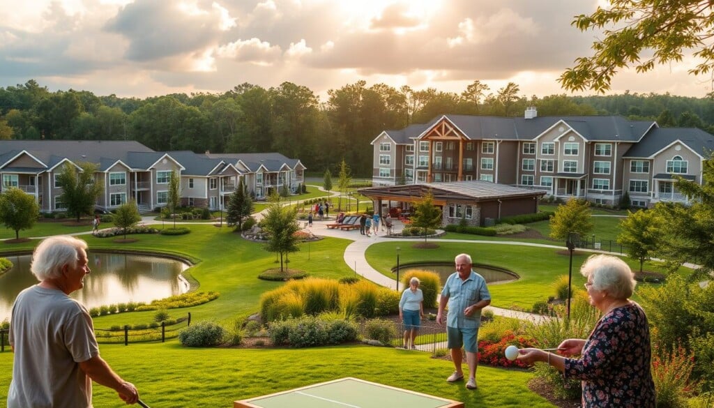 A cozy retirement community nestled among lush greenery, with well-maintained walking paths and serene lakes. In the foreground, elderly residents enjoy a game of bocce ball, their faces alight with contentment. In the middle ground, a modern community center bustles with activity, seniors engaged in fitness classes and social gatherings. The background depicts tastefully designed apartments and townhomes, their architecture seamlessly blending with the natural landscape. Warm, diffused sunlight filters through wispy clouds, casting a peaceful ambiance over the entire scene. The overall atmosphere conveys the benefits of retirement living: a vibrant, supportive community fostering an active, fulfilling lifestyle.