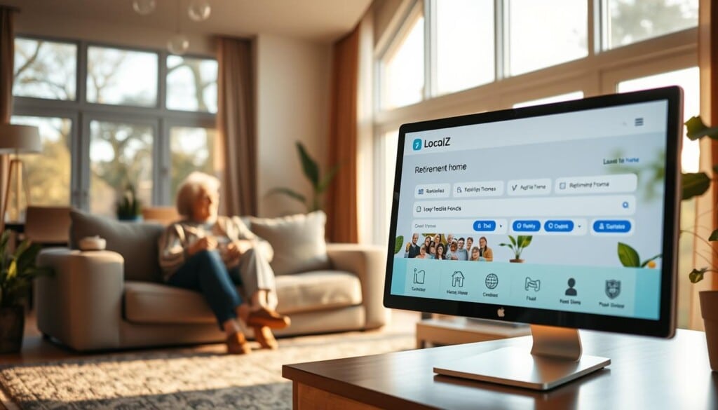 A cozy retirement home with a warm, inviting atmosphere. In the foreground, a senior couple sits comfortably on a plush sofa, engaged in a conversation, conveying a sense of contentment and community. The middle ground showcases a modern, well-appointed living room with large windows allowing natural light to flood the space, creating a bright and airy ambiance. In the background, a computer screen displays the LocalZ retirement home search interface, highlighting its user-friendly design and intuitive features that empower seniors to effortlessly find their perfect retirement haven. The scene is bathed in a soft, golden glow, lending a serene and tranquil mood, reflecting the comfort and care that LocalZ aims to provide in the search for the ultimate retirement destination.