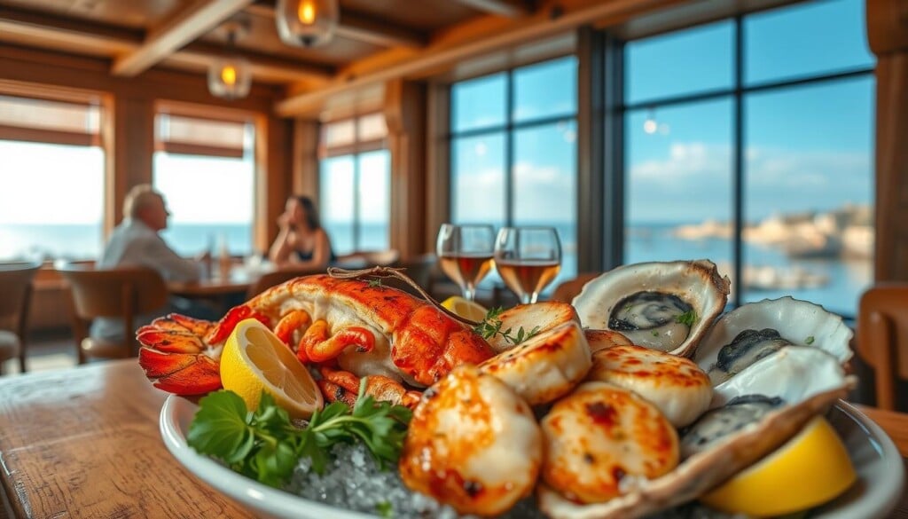 A cozy seafood restaurant interior with warm lighting and natural textures. In the foreground, a well-presented seafood platter with grilled lobster, seared scallops, and freshly shucked oysters on the half shell, garnished with lemon wedges and fresh herbs. In the middle ground, a couple enjoying their meal, engaged in conversation and savoring each bite. The background features a panoramic view of a picturesque coastal landscape through large windows, creating a serene and inviting atmosphere.