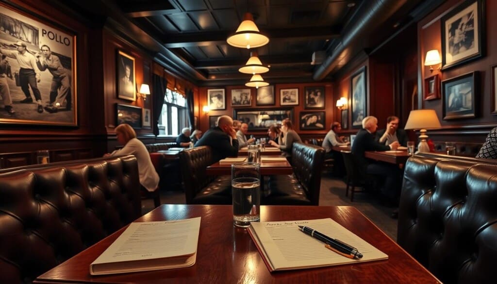 A cozy steakhouse interior with warm, intimate lighting, wooden tables, and leather-upholstered booths. On the tables, vintage-style notebooks with pen and paper, symbolizing the act of writing reviews. Framed vintage-inspired artwork and black-and-white photography line the walls, creating a nostalgic, classic ambiance. The room is filled with the aroma of sizzling steaks and the chatter of diners engaged in animated discussions. The overall mood evokes a sense of community, connoisseurship, and an appreciation for the local dining experience.