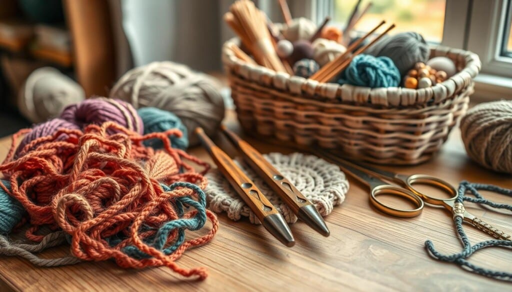 A cozy still life of premium knitting supplies on a wood grain table. In the foreground, a tangle of vibrant yarn skeins in various textures and colors. Centered, a pair of vintage wooden knitting needles with intricate carved details. In the middle ground, a pair of antique knitting shears with burnished metal blades resting on a handmade knitted coaster. The background features a soft, neutral-toned woven basket overflowing with an array of high-quality sewing notions and embellishments. Warm, natural lighting filters through a window, casting a gentle glow over the scene. The overall mood is one of craftsmanship, quality, and the tranquil joy of the knitting experience.