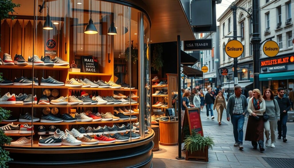 A cozy storefront in a vibrant urban setting, showcasing a diverse array of locally-sourced trainers. In the foreground, an inviting display window highlights the latest seasonal collections, meticulously arranged to catch the eye of passersby. Midground, the interiors of the shop are visible, with knowledgeable sales associates attending to customers' needs. The background features a bustling street scene, with people of all ages and backgrounds strolling by, creating a lively and welcoming atmosphere. Warm, natural lighting filters in, casting a soft glow on the merchandise and accentuating the high-quality craftsmanship of the trainers. The overall scene conveys a sense of community, highlighting the importance of supporting local businesses and discovering unique, personalized trainer options.